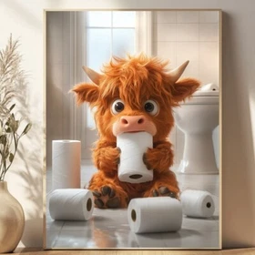 Highland Cow Funny Bathroom Decor Wall Art, Cute Animals for Nursery, UNFRAMED