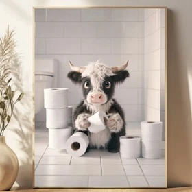 Highland Cow Funny Bathroom Decor Wall Art, Cute Animals for Nursery, UNFRAMED